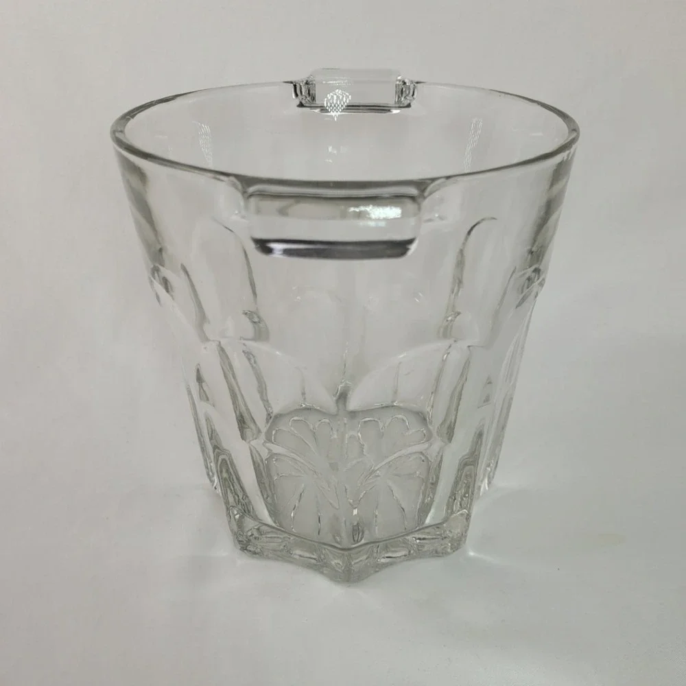 Vintage Clear Pressed Glass Ice Bucket Paneled Floral Starburst Base Barware